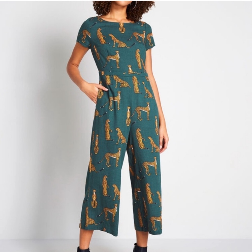 Modcloth Teal Jumpsuit with Leopard Print